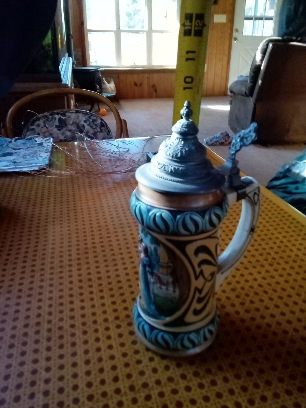 Rare German 9 1/2 Inch Beer Stein Hand Painted Couple W/ Pewter Lid #1149